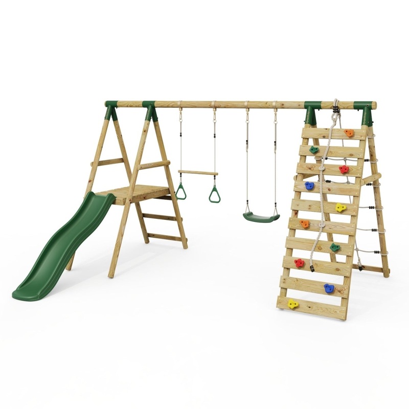 Rebo Wooden Swing Set with Deck, Slide & Climbing Wall - Jasper Green Green